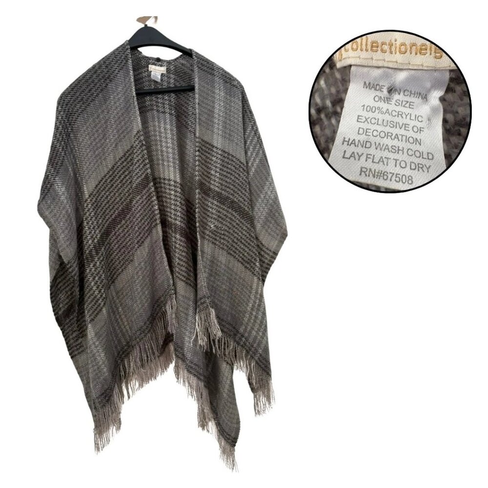Cozy Plaid Poncho Blanket Wrap Gray Black Fringe One Size